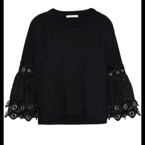 Maje Eyelet-embellished Macramé-paneled Cotton top